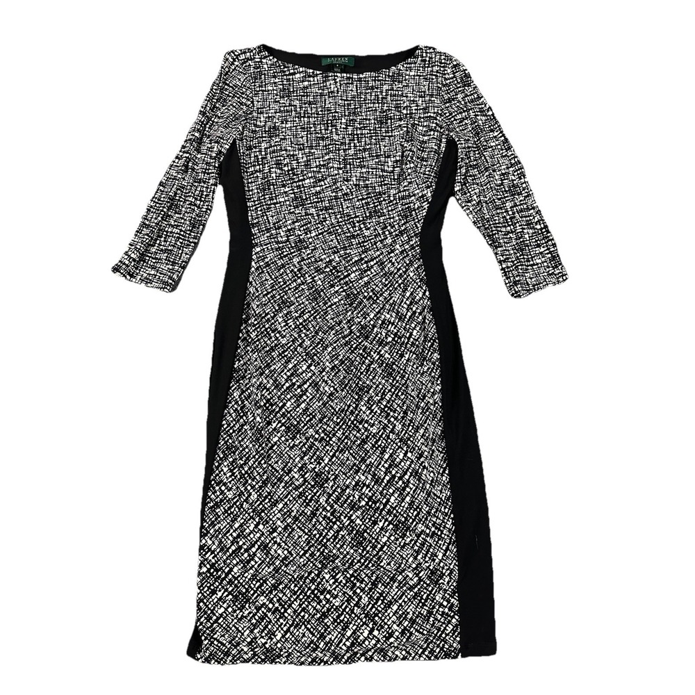 Lauren Ralph Lauren womens dress 8 black white sheath 3/4 sleeve side rouching